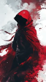 Hooded shadow figure in turbulent red cloak dispersion.