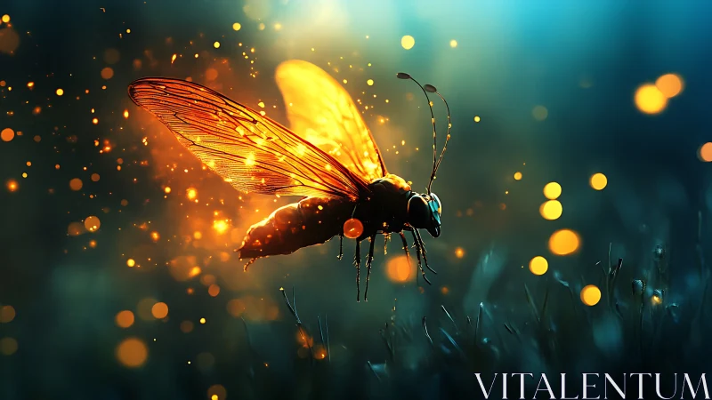 Luminous firefly macro in bioluminescent bokeh environment