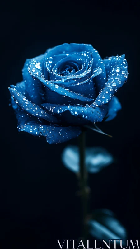 Blue rose with water droplets on dark background.