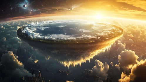 Flat floating world above clouds with glowing skyline.