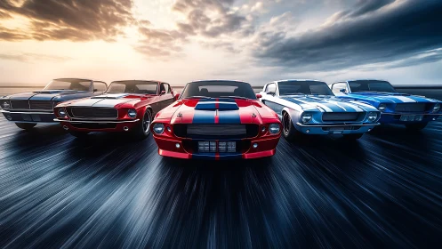 Classic muscle cars racing together under dramatic skies.