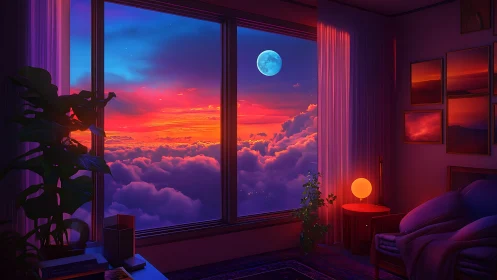 Luminous cloudscape window with chromatic moonlit interior.
