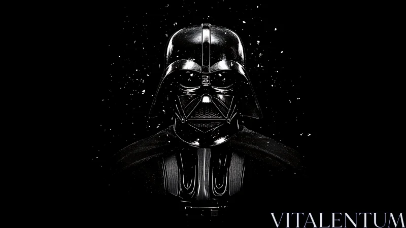 Specular highlights define glossy black armored helmet in void