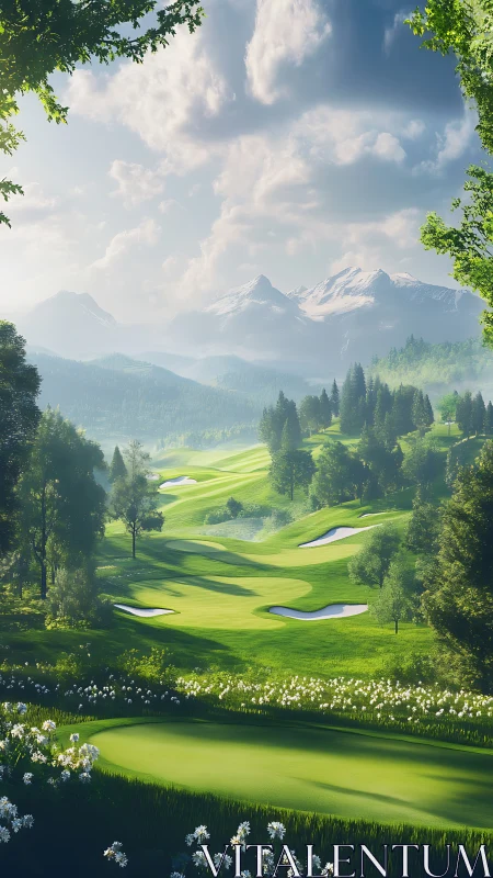 Whispering fairways under cloud-kissed alpine guardians.