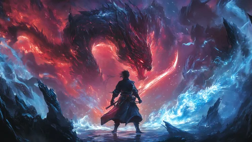 Inferno dragon coils above lone warrior in frozen rift.