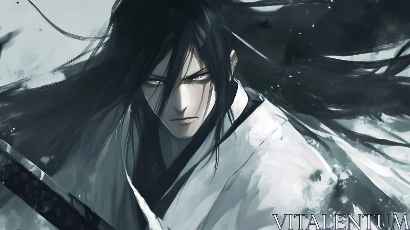 Stoic long haired swordsman in monochrome ink storm portrait