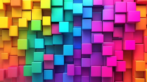 Vibrant rainbow 3D cubes forming abstract geometric wall.
