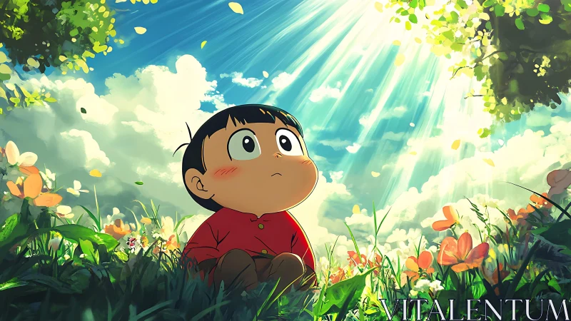 Little daydreamer beneath sunlit clouds and wildflowers.