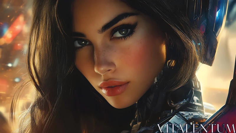 Cybernetic warrior portrait with luminous bokeh glow.