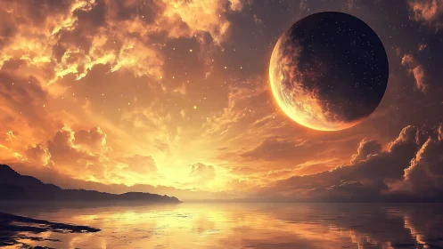 Cosmic crescent planet over luminous alien shoreline at dusk.