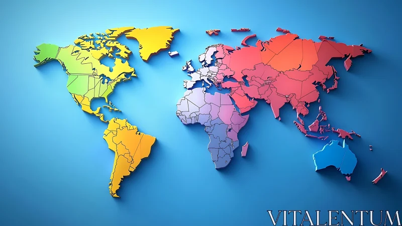 Vibrant 3D world map with layered continents on blue wall.