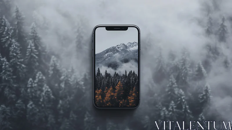 Smartphone frame isolates misty alpine forest with muted contrast