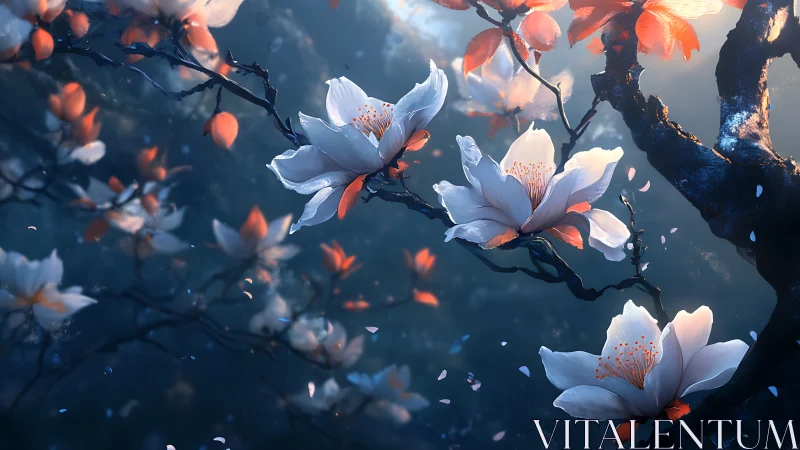 White flowers with orange leaves against dark blue atmospheric lighting