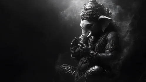 Ganesha idol glows from shadowed smoke with intricate detail