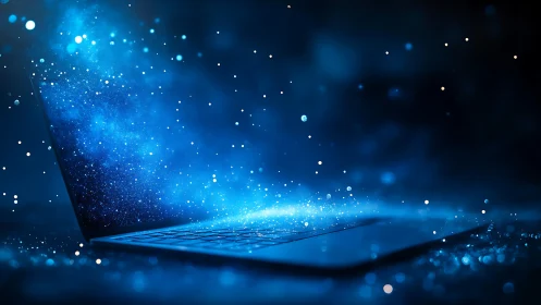 Laptop with glowing blue particles in dark digital space.