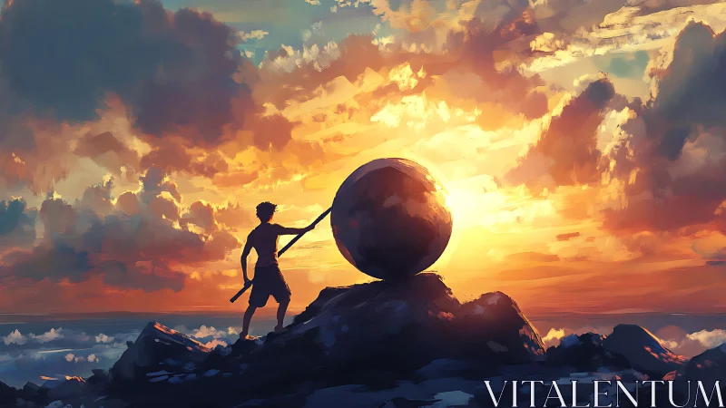 Sunset climb with a lone dreamer and a silent stone.