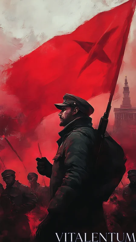 Revolutionary soldier holding large red star flag in city.