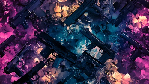 Handguns arranged over shattered glass and flowers.