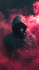Hooded masked figure emerging through red neon smoke.