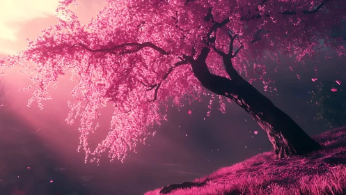 Luminescent cherry tree bends over dreamlike pink valley.