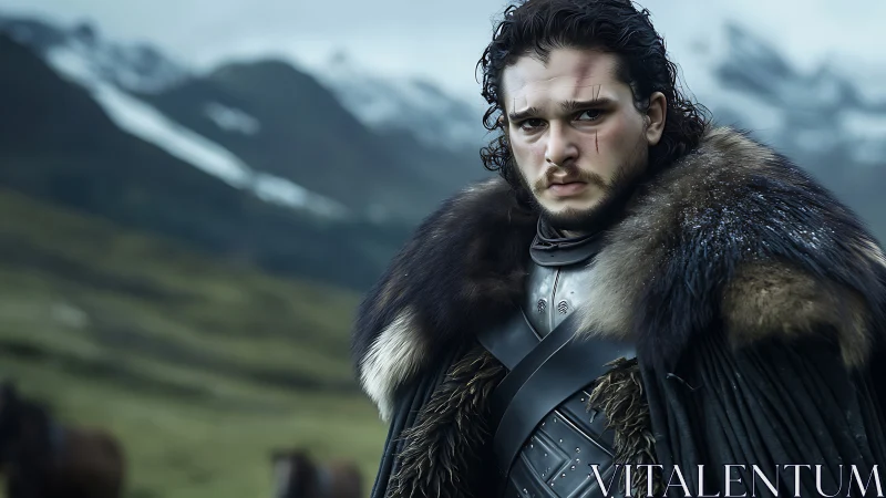 Battle-scarred medieval warrior in fur cloak, alpine valley