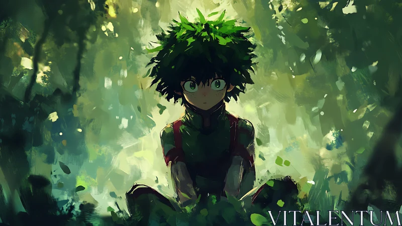 Forest-sparked anime hero resting in painterly green hush.