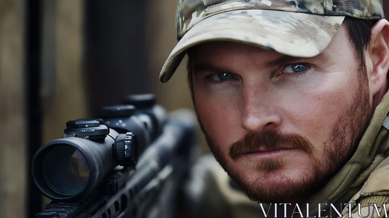 Steely-eyed marksman locks onto target in muted battlefield hush.