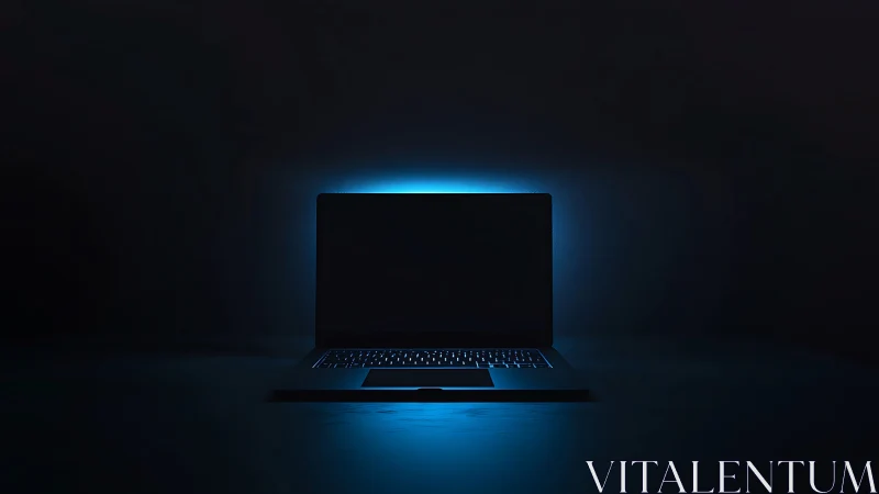 Laptop silhouette glows with cold neon blue backlight.