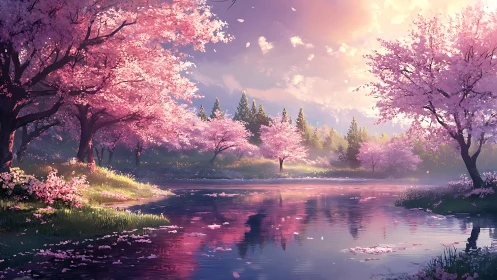 Soft spring river under drifting pink cherry blossoms.