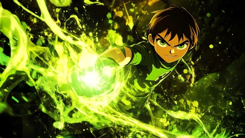 Animated boy extends glowing green energy in dynamic view