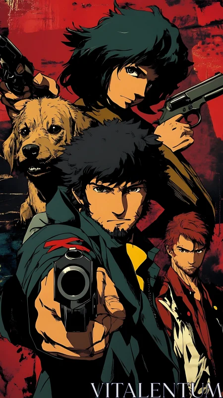 Dynamic anime trio with pistols and dog on distressed red ground.