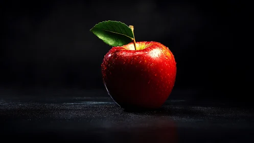 Red apple with leaf on dark reflective surface in studio light.