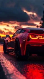 Red sports car tail lights on wet road at sunset stormy sky.