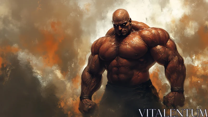 Muscular bald male figure in smoky orange environment.