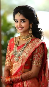 Smiling Indian bride wears red silk saree and gold jewelry