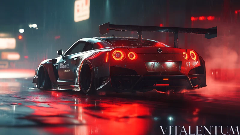 Widebody GT-R in neon rain, rear three quarter, track prepped