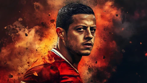 Male football player portrait on fiery abstract background.