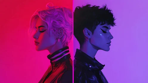 Dual neon portraits in split complementary magenta violet.