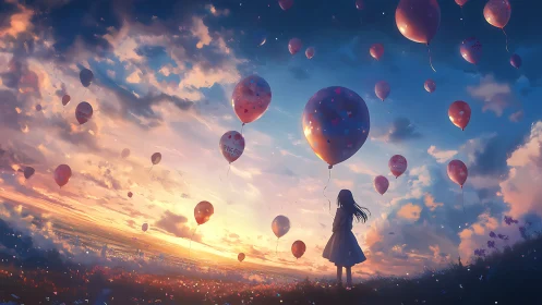 Skyward wishes drift pastels over a lone dreamer girl.