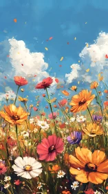 Vibrant Wildflower Field Under Blue Sky.