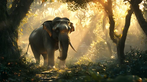 Elephant stands in sunlit forest clearing with diffused haze