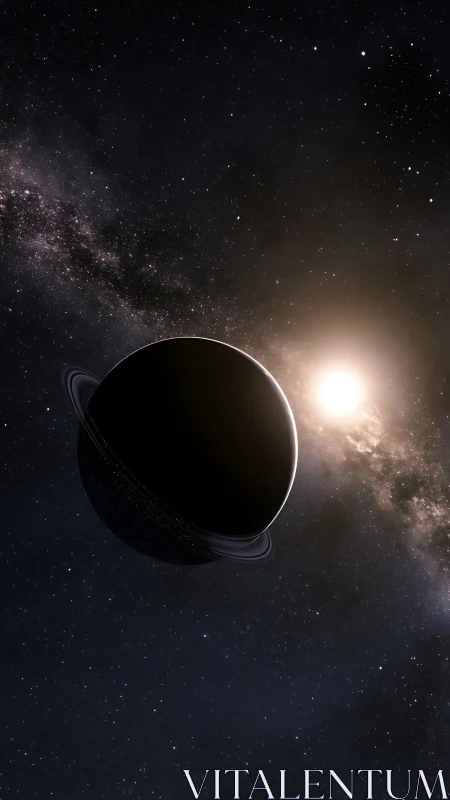 Ringed exoplanet silhouette with star and dense starfield.