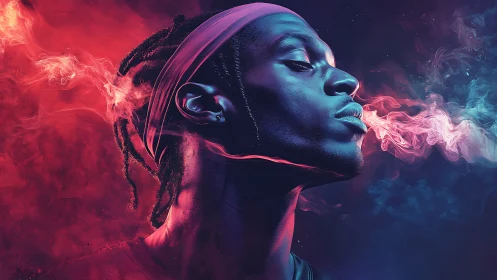 Profile portrait merges neon smoke and split color lighting