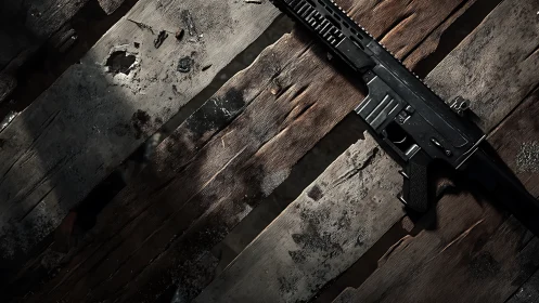 Tactical black carbine on distressed wooden planks in shadow