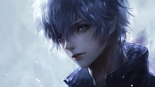 Moody blue haired anime boy in cold diffuse backlighting portrait