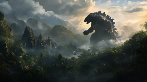 Colossal kaiju dominates misty jungle temples at dawn.