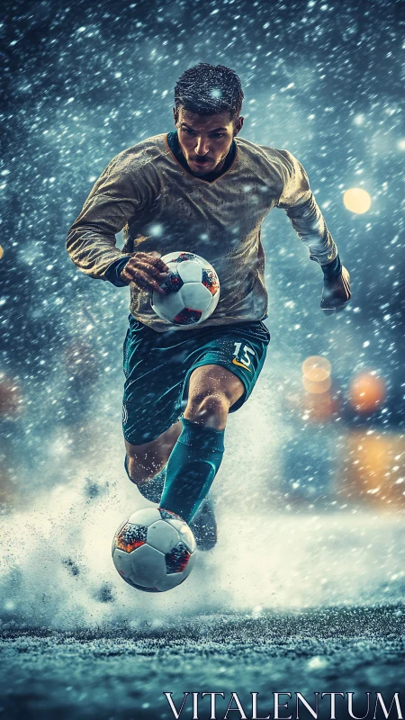 Soccer player advances with ball through dense snowfall