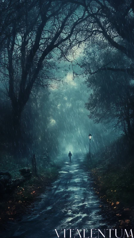 Lone wanderer crossing a rain-soaked forest road at dusk.