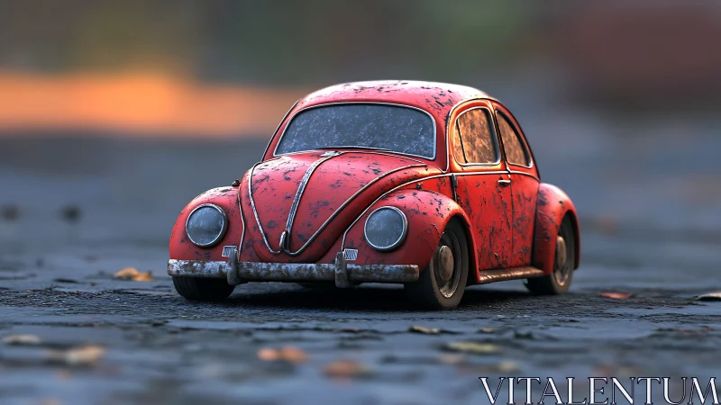 Rust-kissed red beetle quietly owns the empty evening road