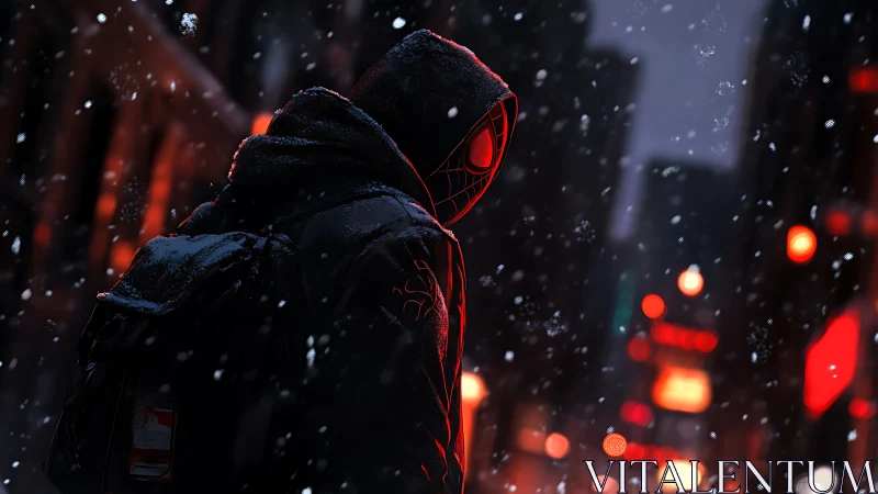 Hooded masked figure in snowy urban night environment.